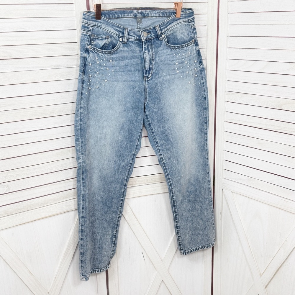 Soho Pearl Embellished Pockets Stone Washed High Waist Crop Jeans‎ Blue 10